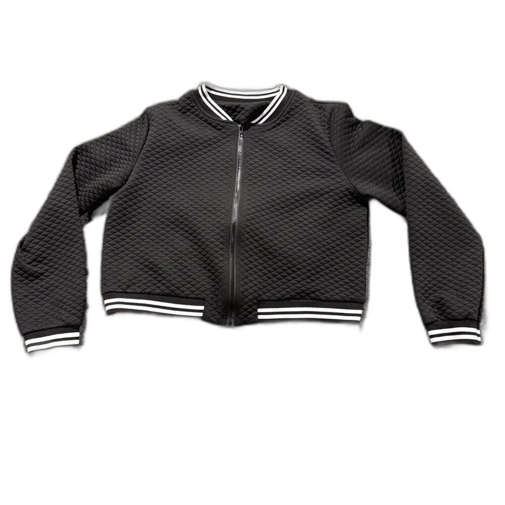Black Quilted Bomber Jacket Striped Trim Size L